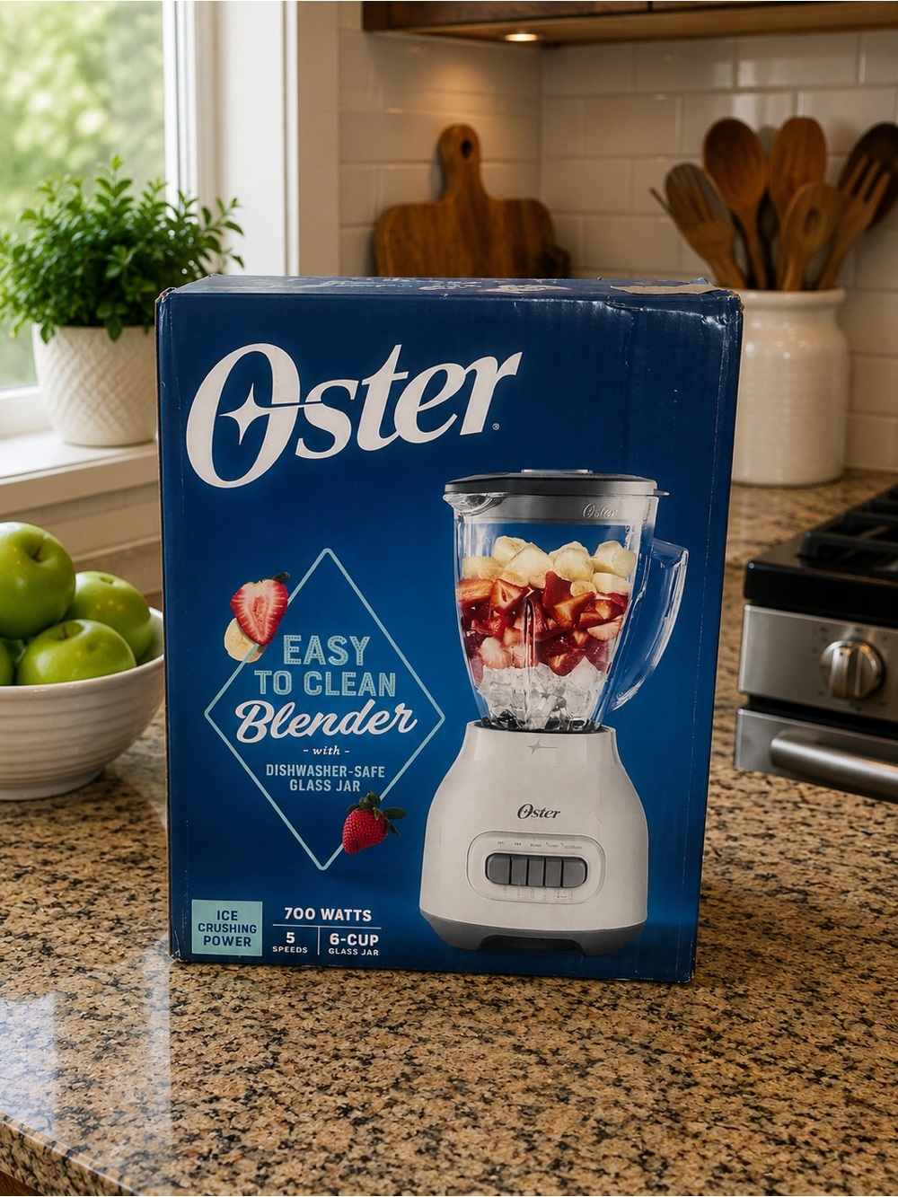 Oster White and Blue Easy-Clean Countertop Blender